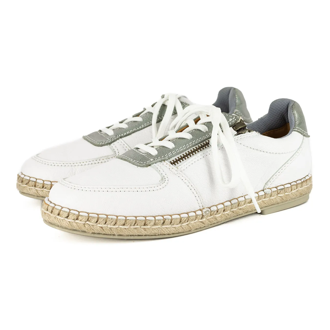 Amara : Ladies Leather Espadrille Sneaker in White Cayak & Tallio Metallic