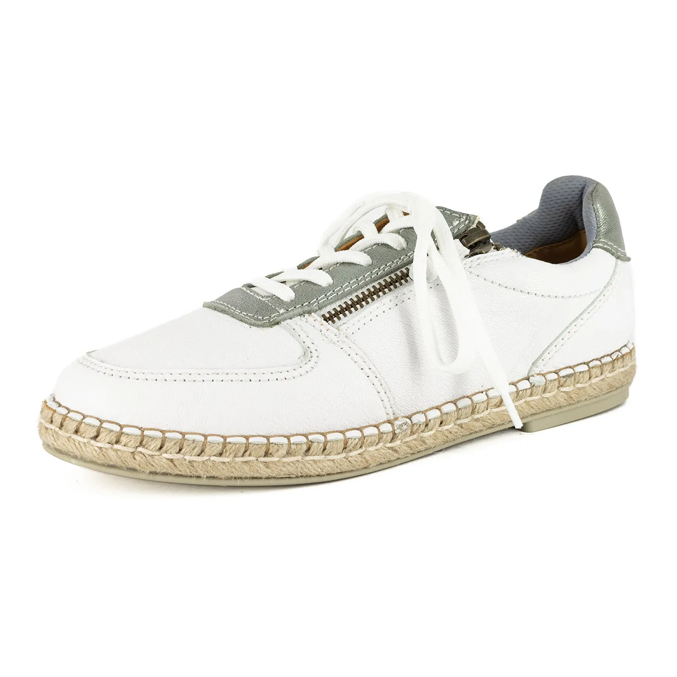 Amara : Ladies Leather Espadrille Sneaker in White Cayak & Tallio Metallic