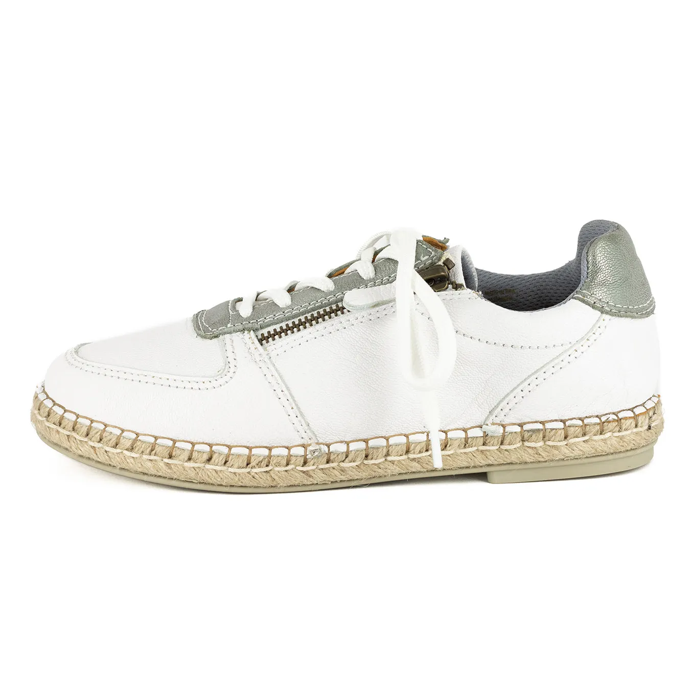 Amara : Ladies Leather Espadrille Sneaker in White Cayak & Tallio Metallic