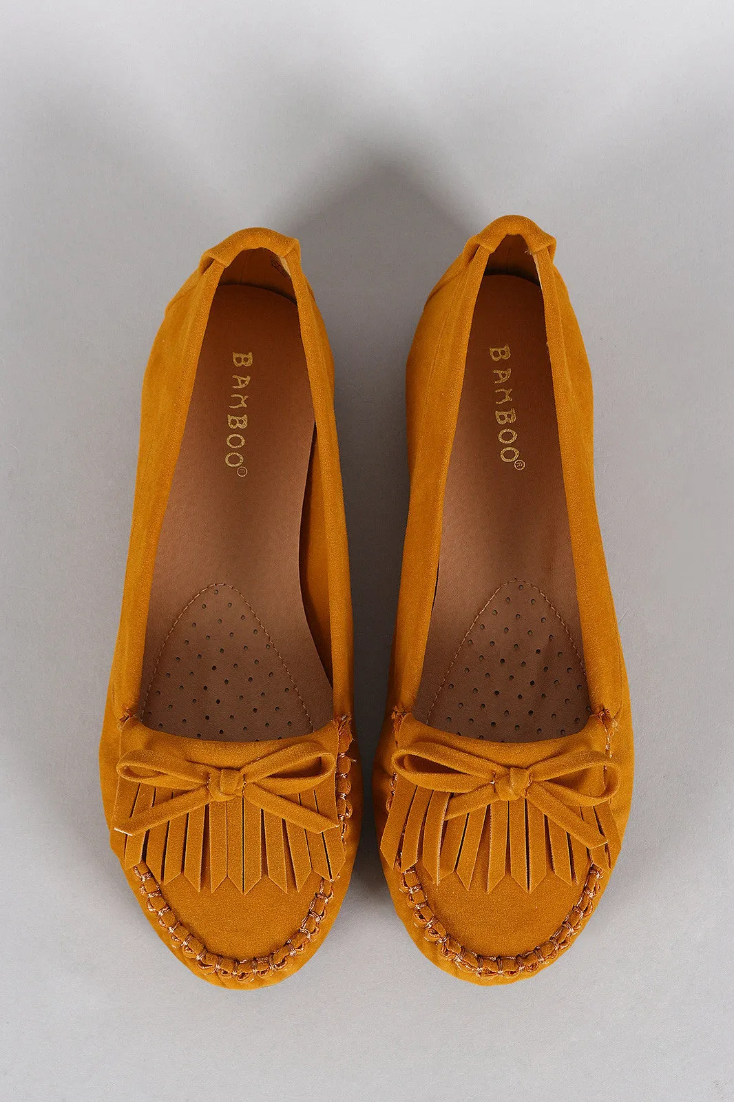 Bamboo Suede Bow Fringe Slip On Moccasin Flat