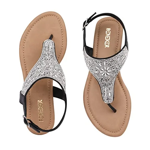 BENEKER Women's Rhinestone Thong Flat Sandals T-Strap Fashion Sandals Ankle Strap Summer Gladiator Sandals Black 06