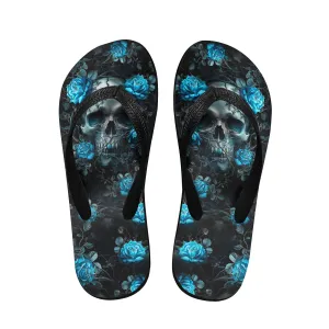 Blue Skull Rose Gothic Flip Flops for Women Beach