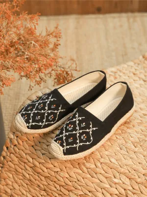 CACTUS ROSE | TWIN FLOWER EMBROIDERED LINEN ESPADRILLES - BLACK