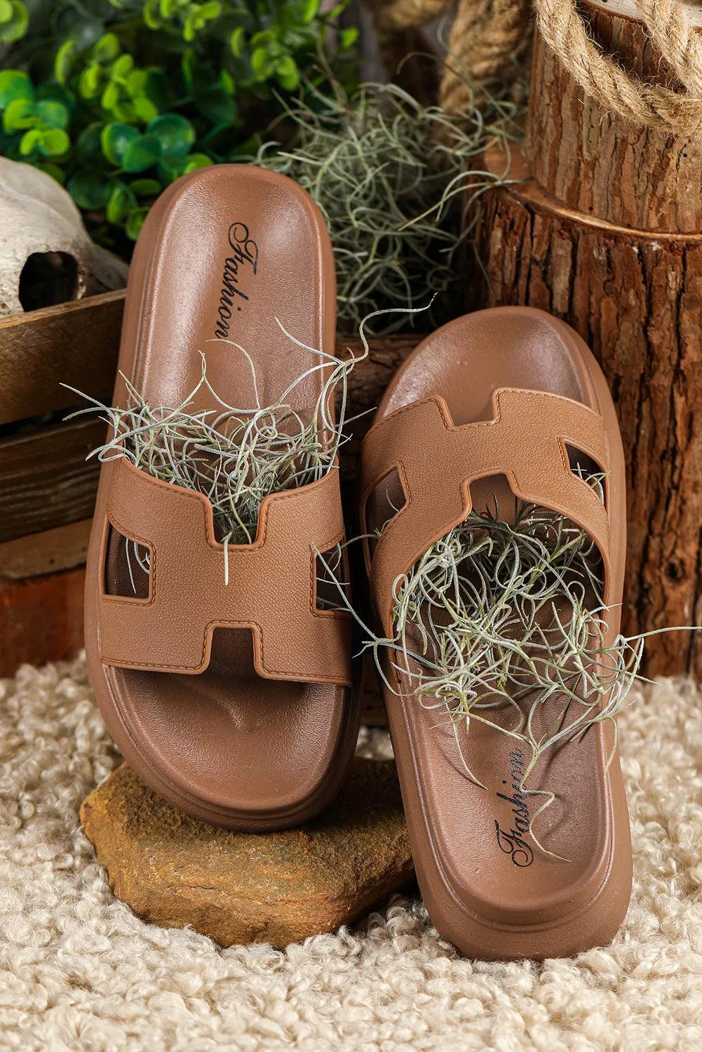 Chestnut Cutout Open Toe Platform Slides Shoes