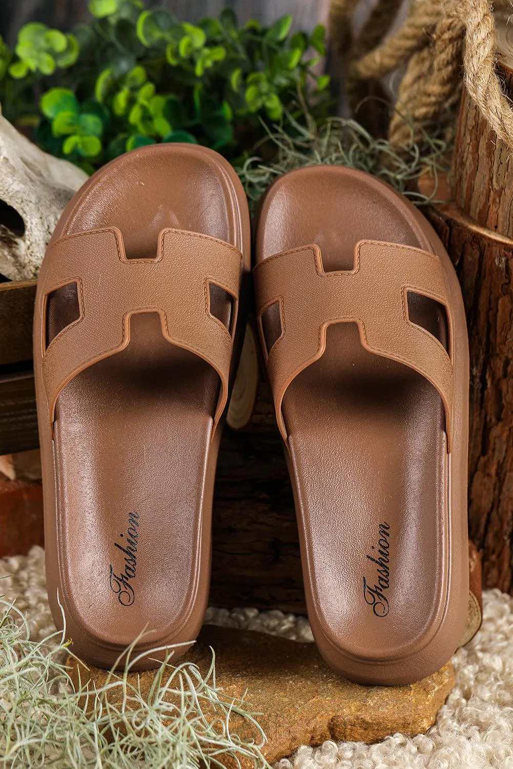 Chestnut Cutout Open Toe Platform Slides Shoes