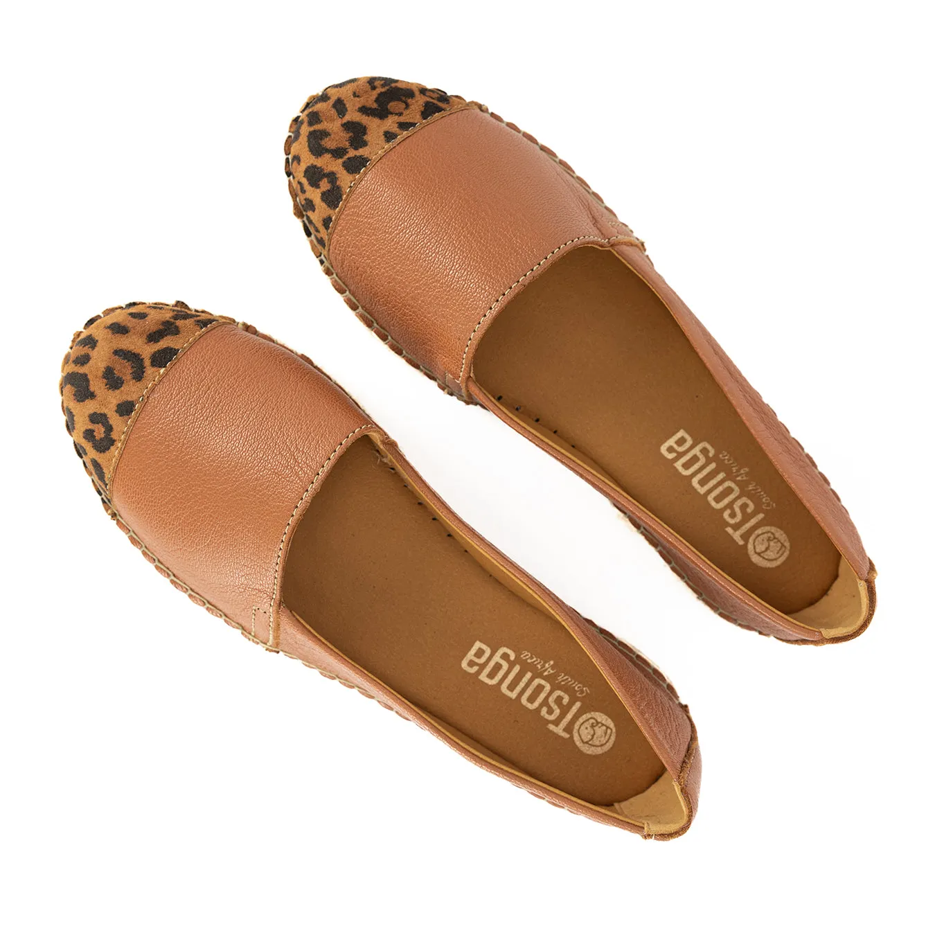 Consisela : Ladies Leather Espadrille Shoe in Oak Cayak & Spotted Lisoto