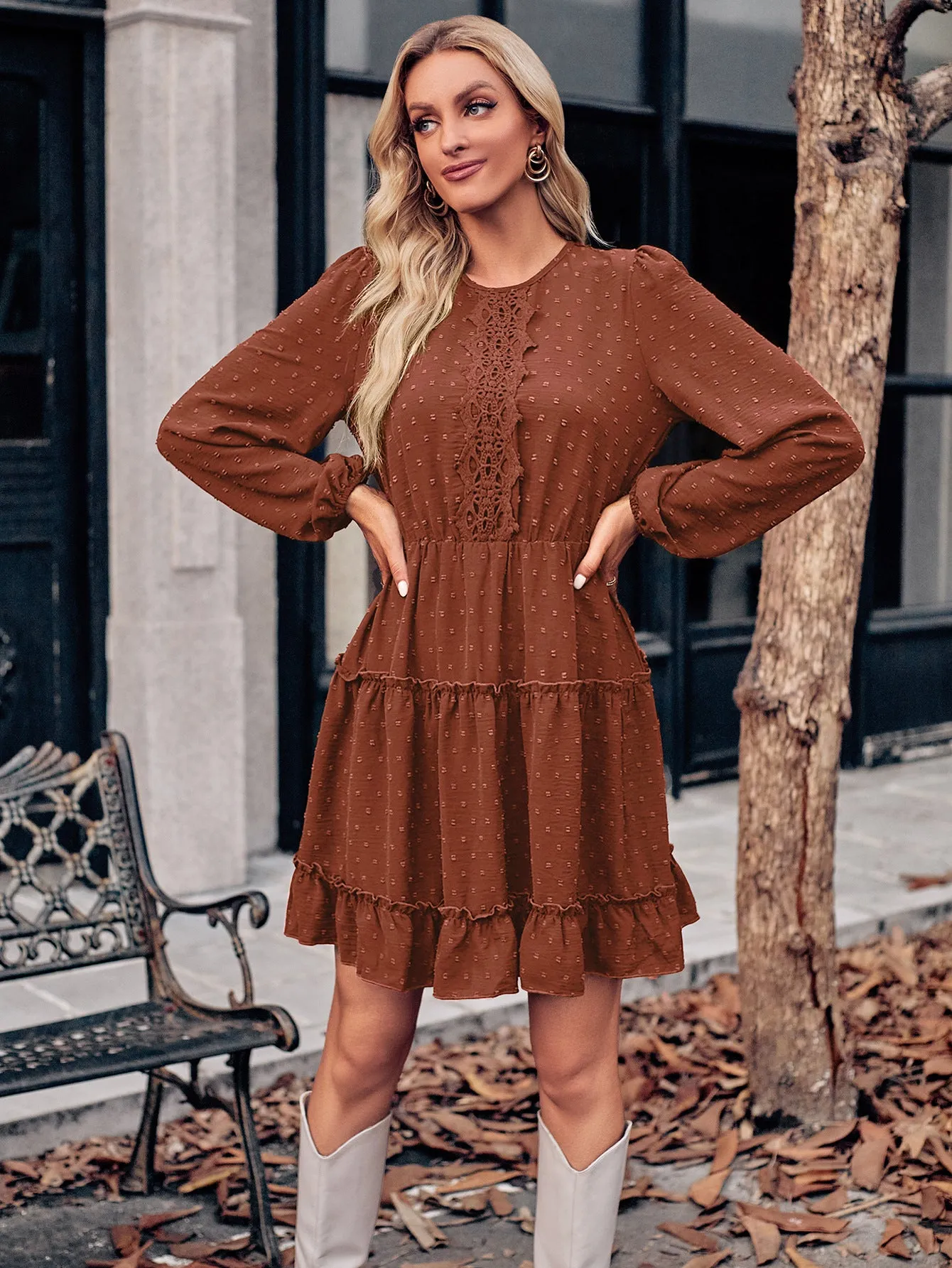 Crew Neck Solid Color Waist Lace Dress