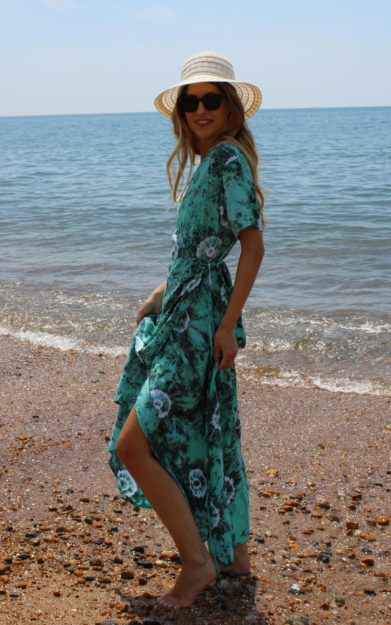 Green Floral Tie Dye Wrap Dress