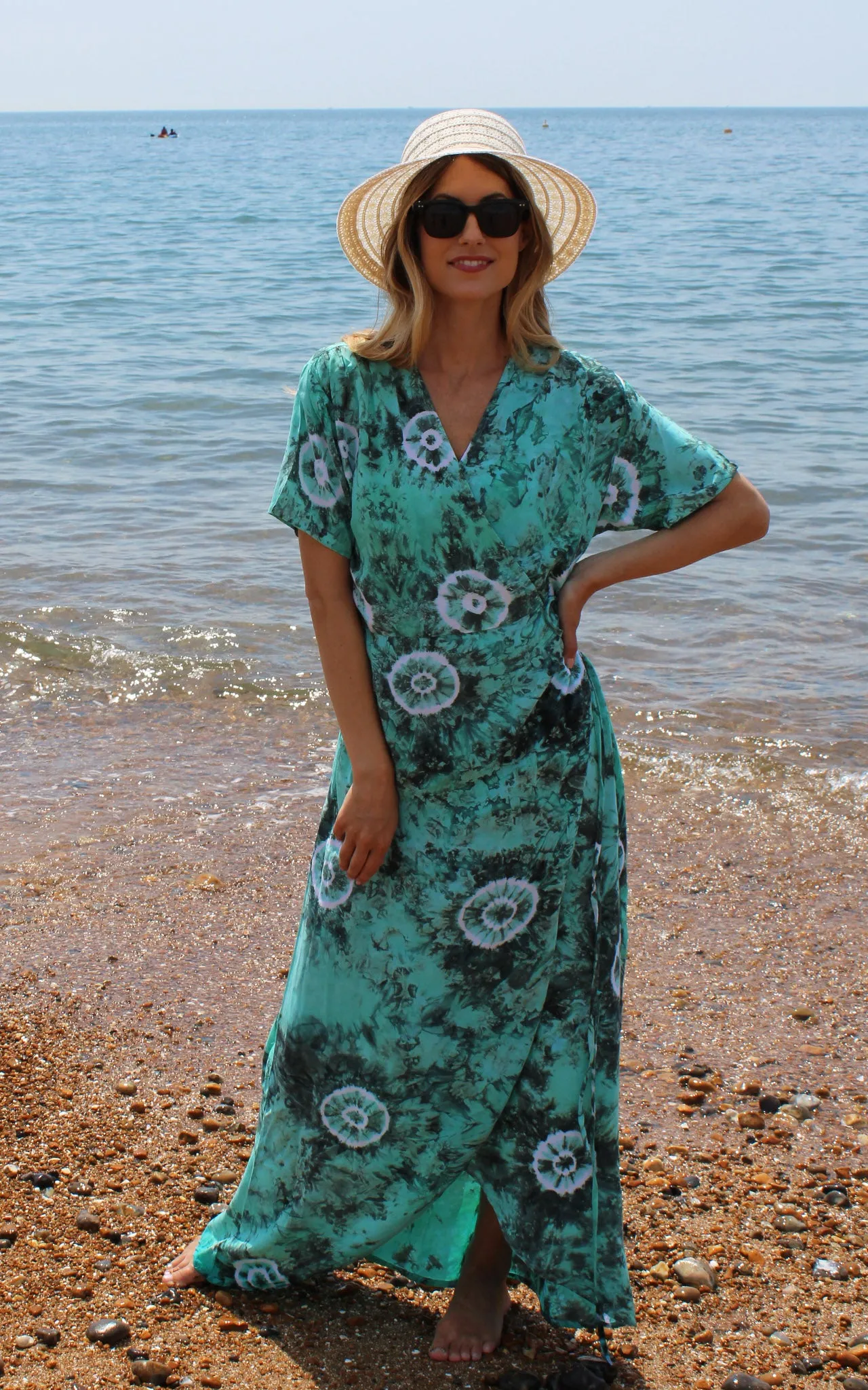 Green Floral Tie Dye Wrap Dress