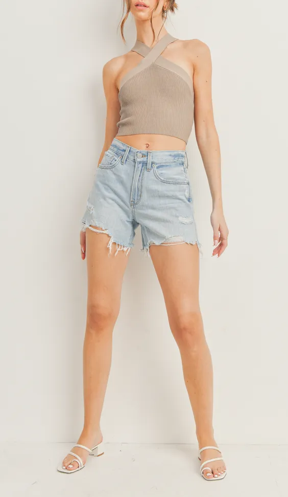 High Waisted Distressed Hem Shorts