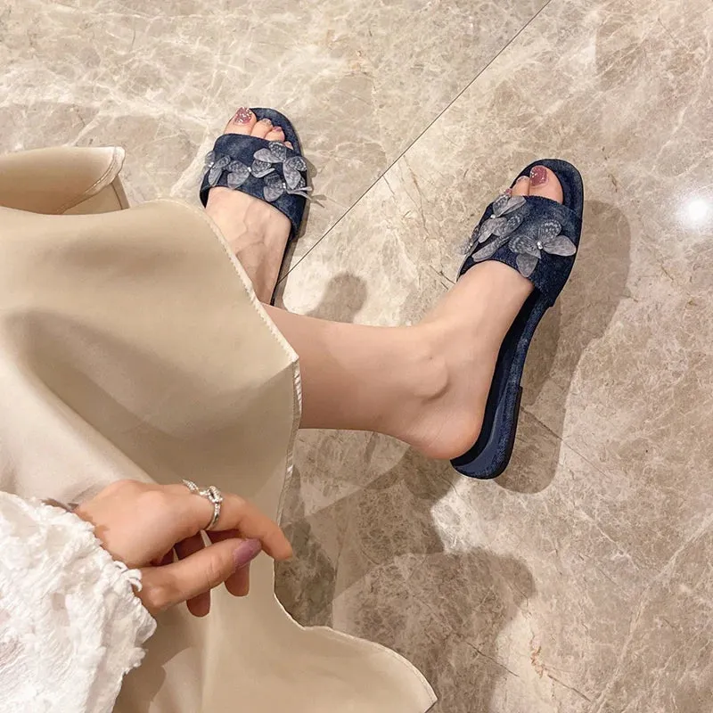 Hnzxzm 2024 Summer Open Toe Women Beach Slippers Fashion Butterfly-knot Ladies Outdoor Flats Slides Female Retro Style Shoes