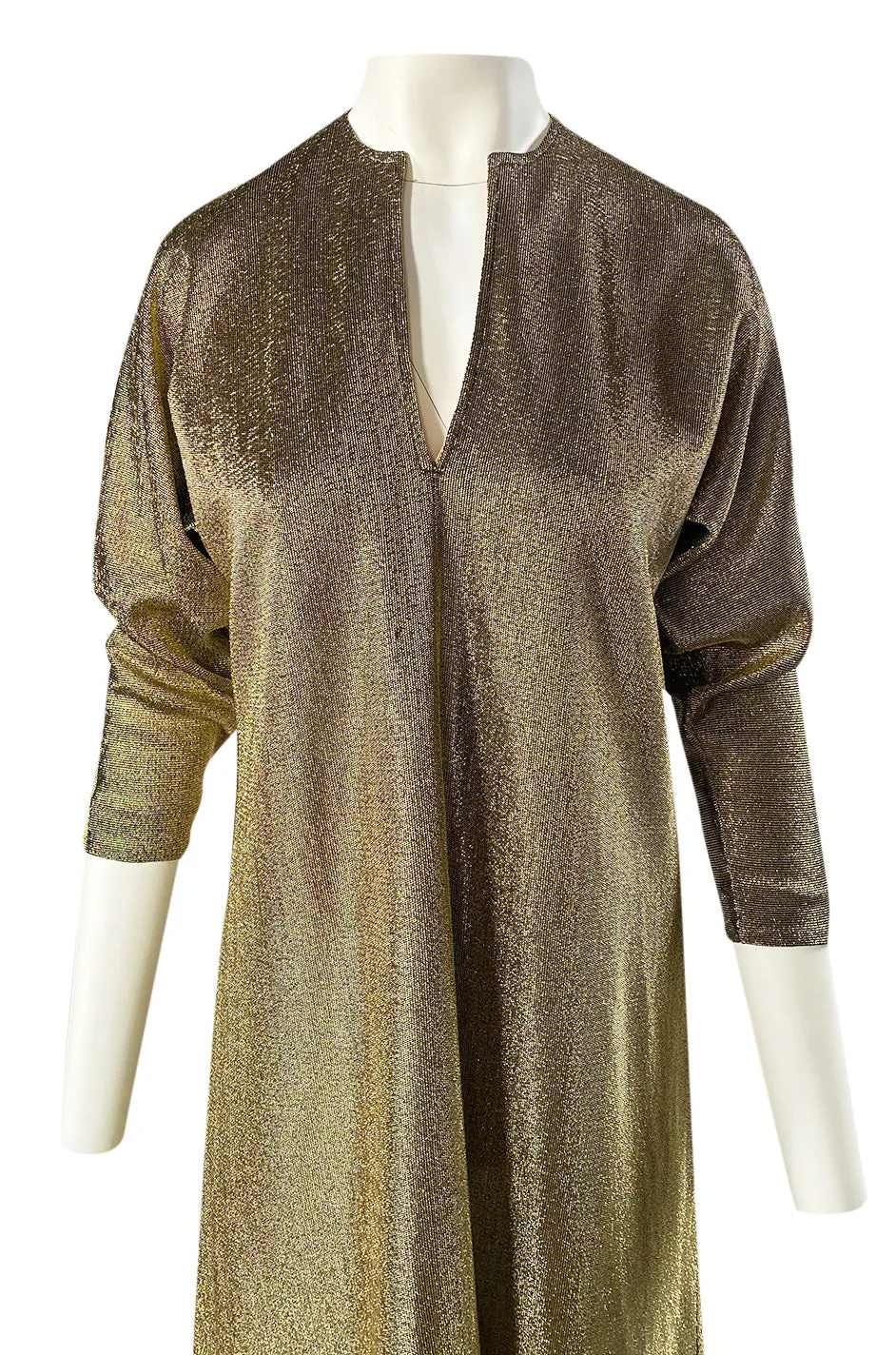 Iconic 1970s Halston Long Metallic Gold Lame Lurex Caftan Dress