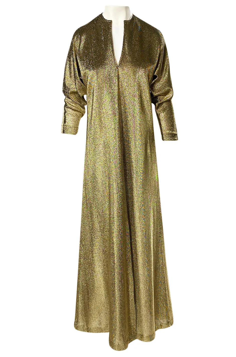 Iconic 1970s Halston Long Metallic Gold Lame Lurex Caftan Dress