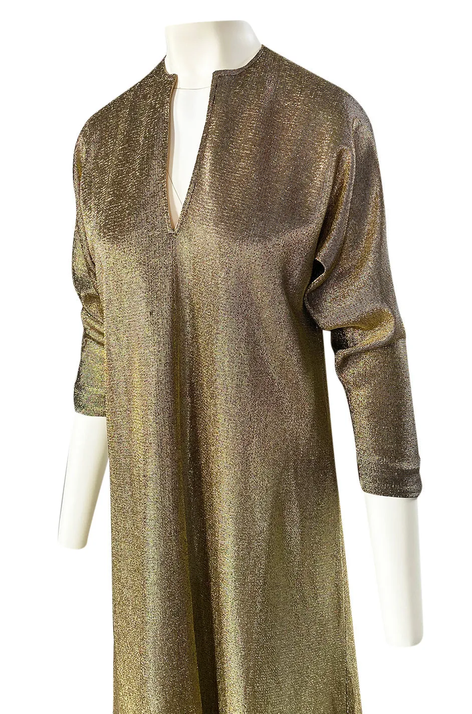 Iconic 1970s Halston Long Metallic Gold Lame Lurex Caftan Dress