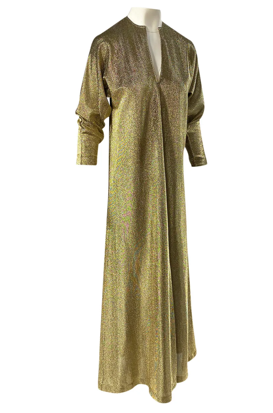 Iconic 1970s Halston Long Metallic Gold Lame Lurex Caftan Dress