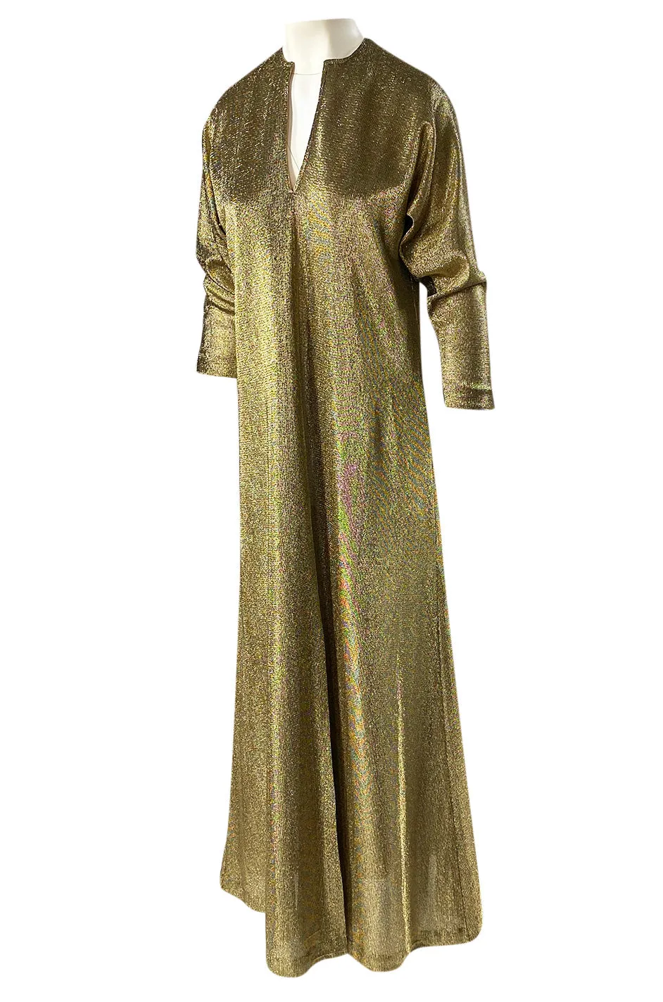 Iconic 1970s Halston Long Metallic Gold Lame Lurex Caftan Dress