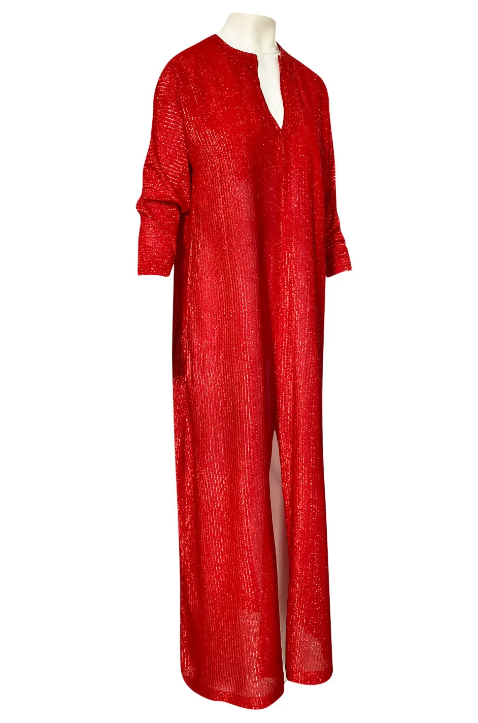 Iconic 1970s Halston Long Metallic Red Lame Lurex Caftan Dress