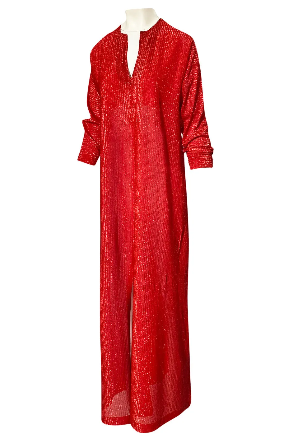 Iconic 1970s Halston Long Metallic Red Lame Lurex Caftan Dress