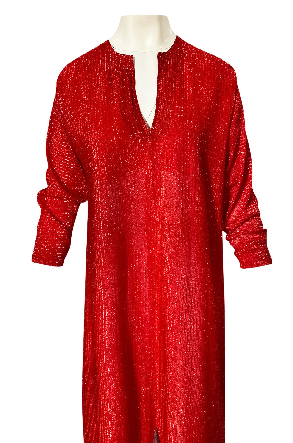 Iconic 1970s Halston Long Metallic Red Lame Lurex Caftan Dress