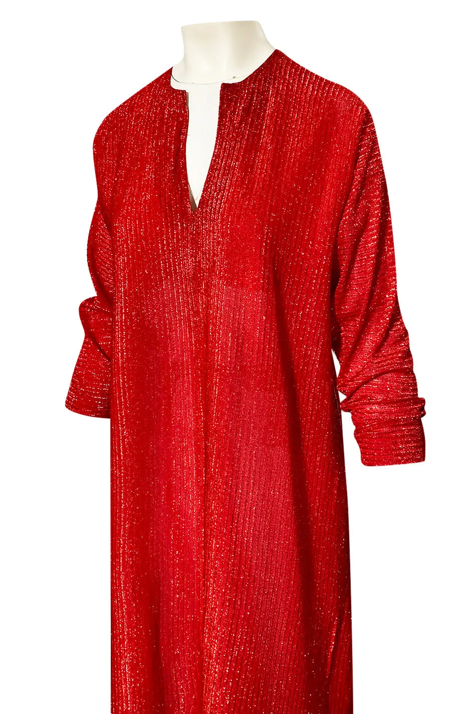 Iconic 1970s Halston Long Metallic Red Lame Lurex Caftan Dress