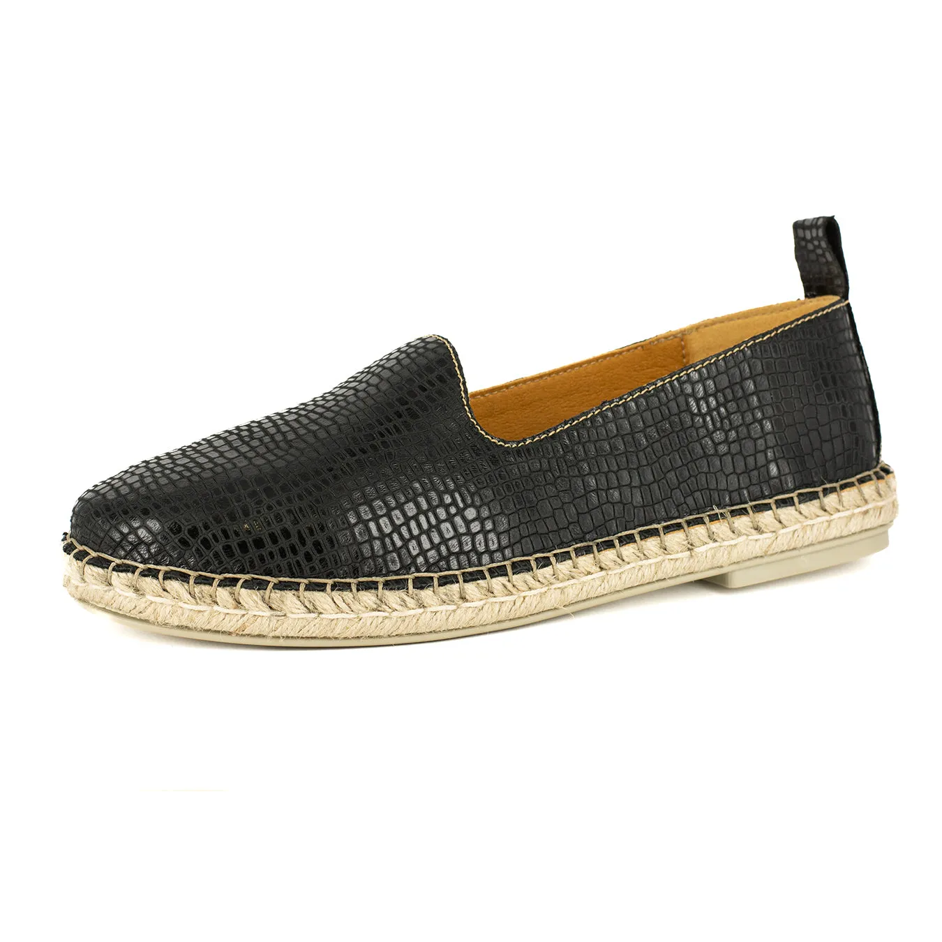 Indzima : Ladies Leather Espadrille Shoe in Black Coco Lux