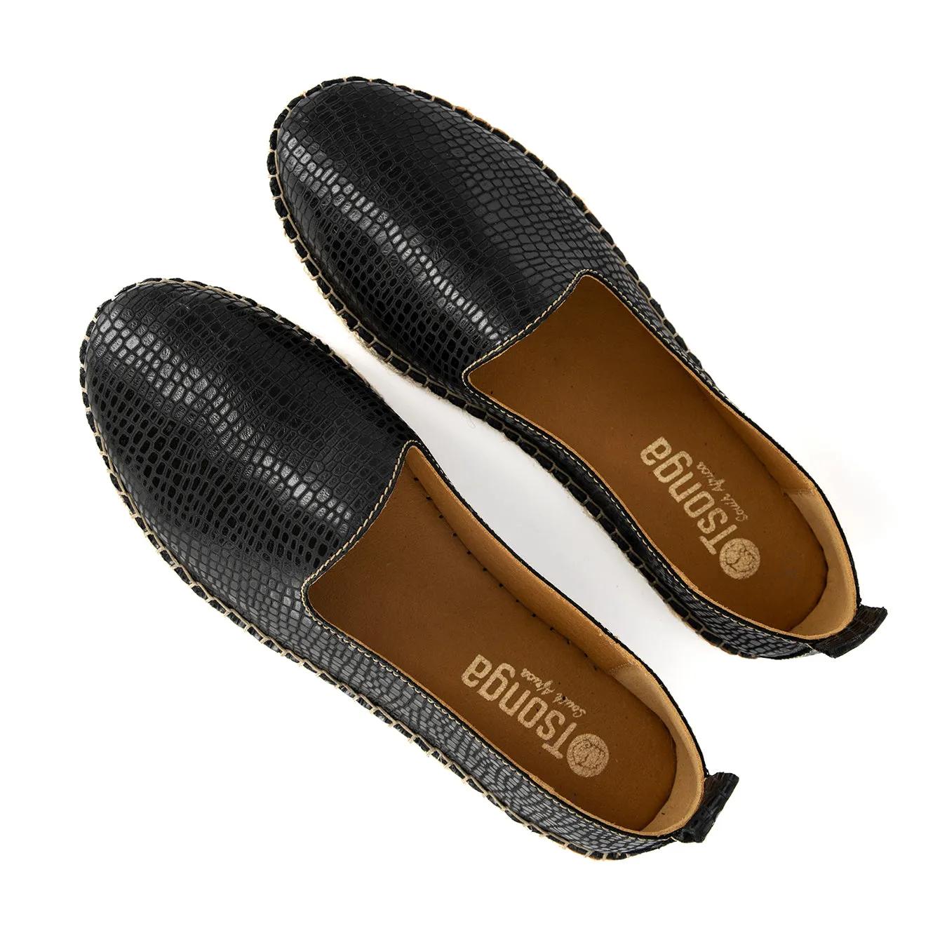 Indzima : Ladies Leather Espadrille Shoe in Black Coco Lux