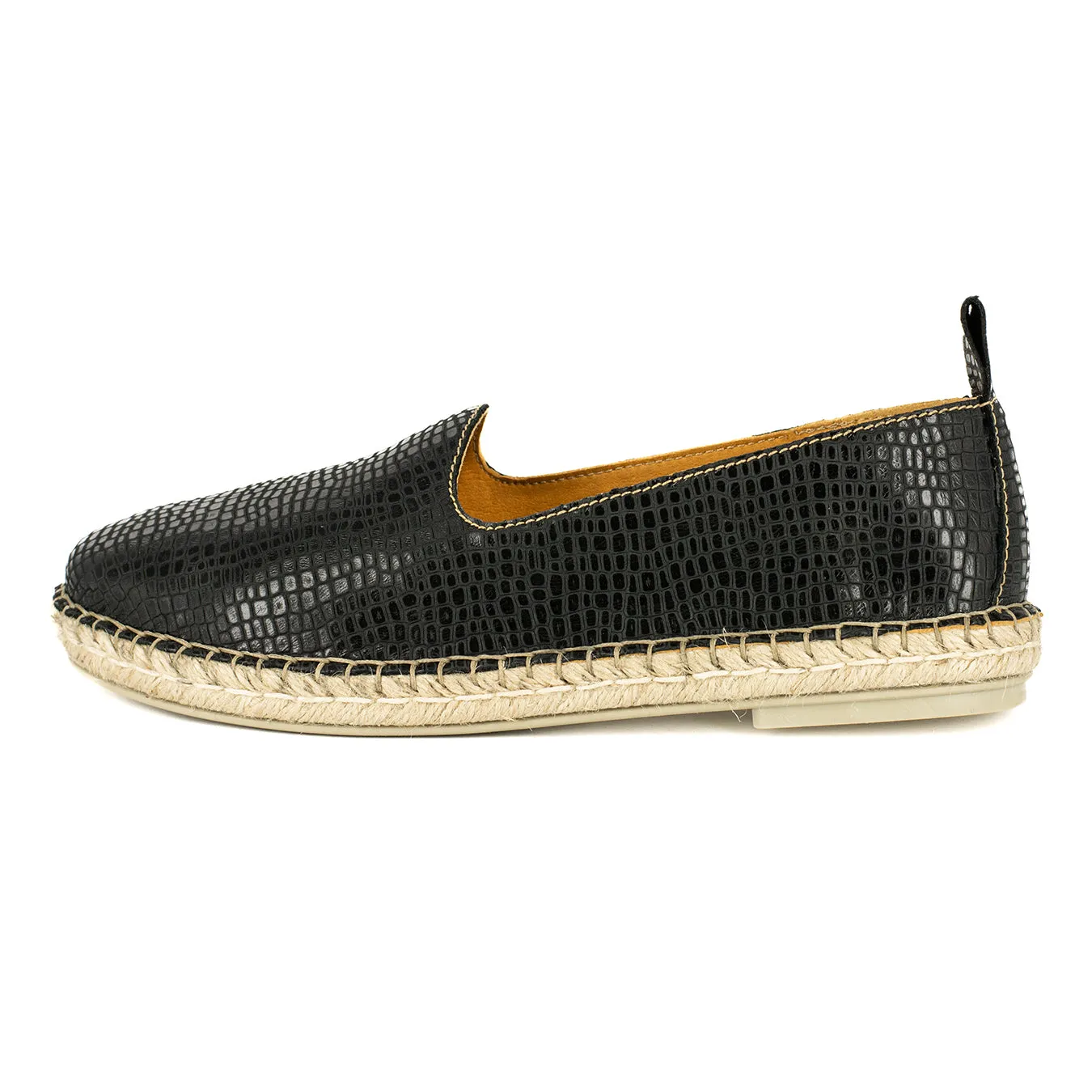 Indzima : Ladies Leather Espadrille Shoe in Black Coco Lux