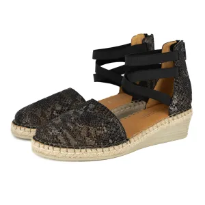 Injaywezi : Ladies Leather Mid-Heel Wedge Espadrille in Nero Rockafella