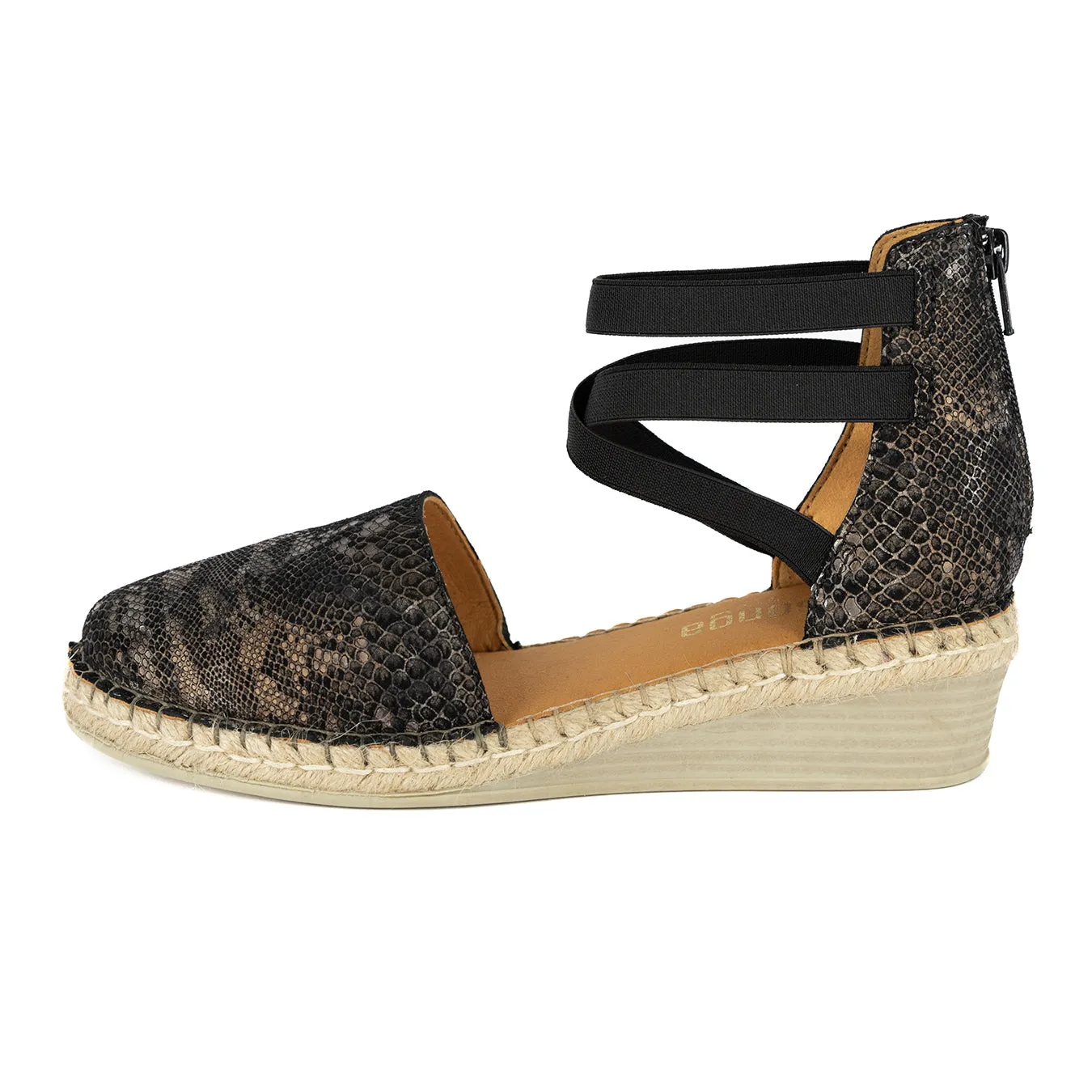 Injaywezi : Ladies Leather Mid-Heel Wedge Espadrille in Nero Rockafella