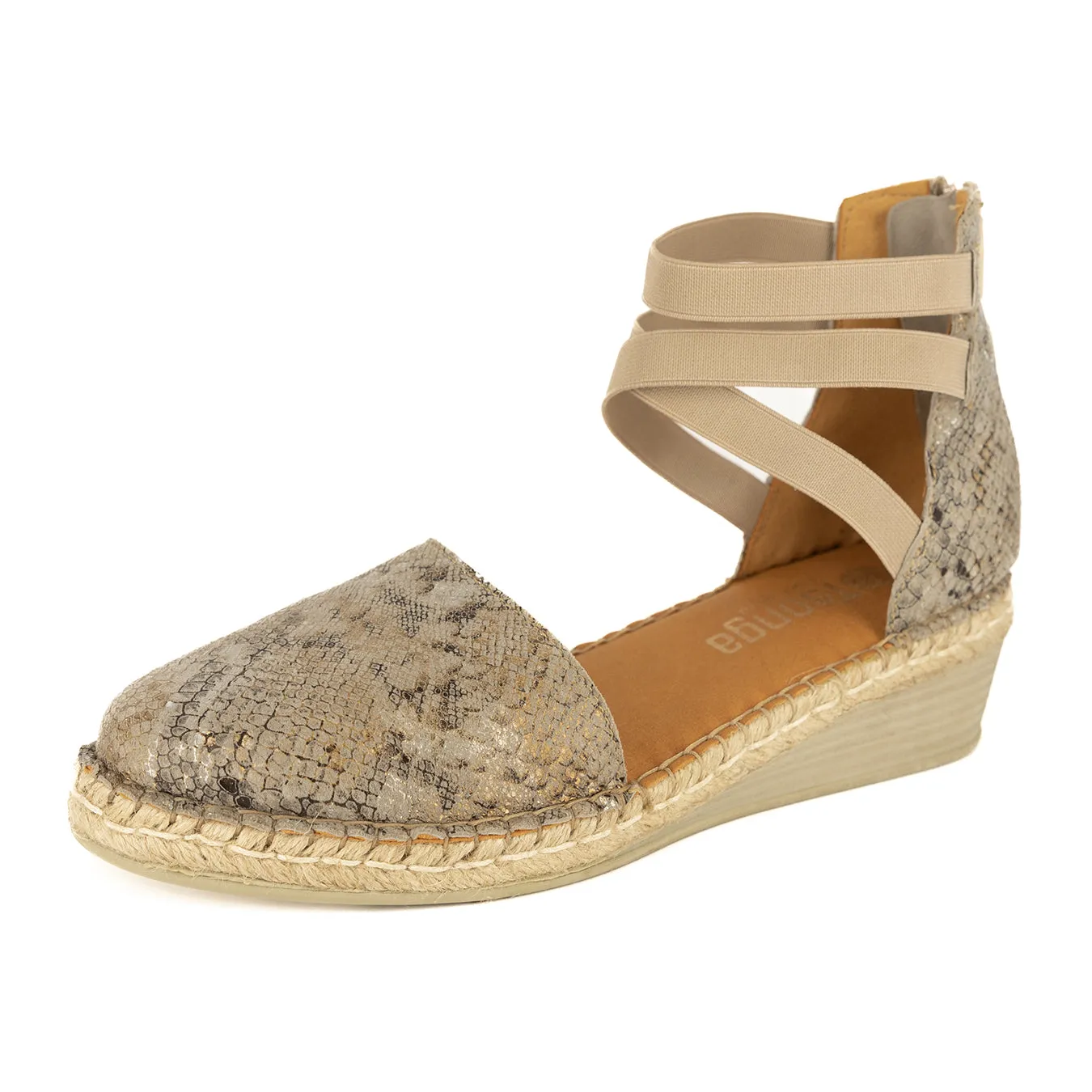 Injaywezi : Ladies Leather Mid-Heel Wedge Espadrille in Opal Rockafella