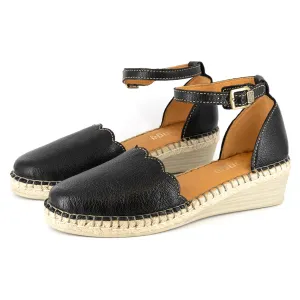 Inkantolo : Ladies Leather Wedge Espadrille in Black Cayak