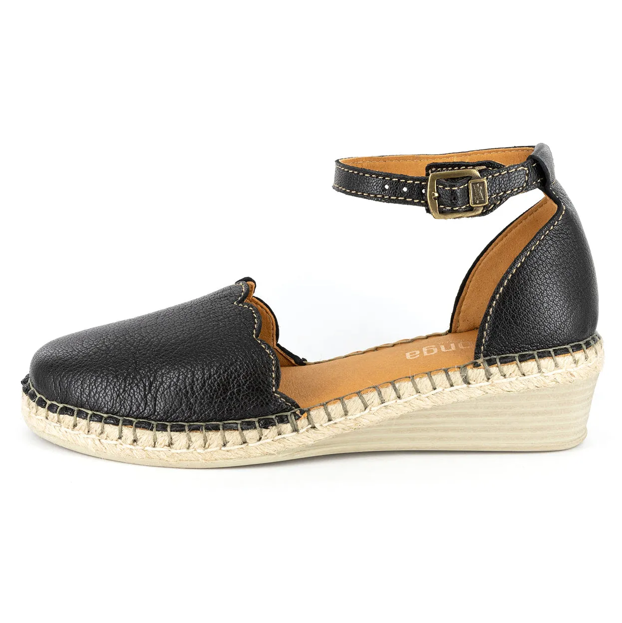 Inkantolo : Ladies Leather Wedge Espadrille in Black Cayak