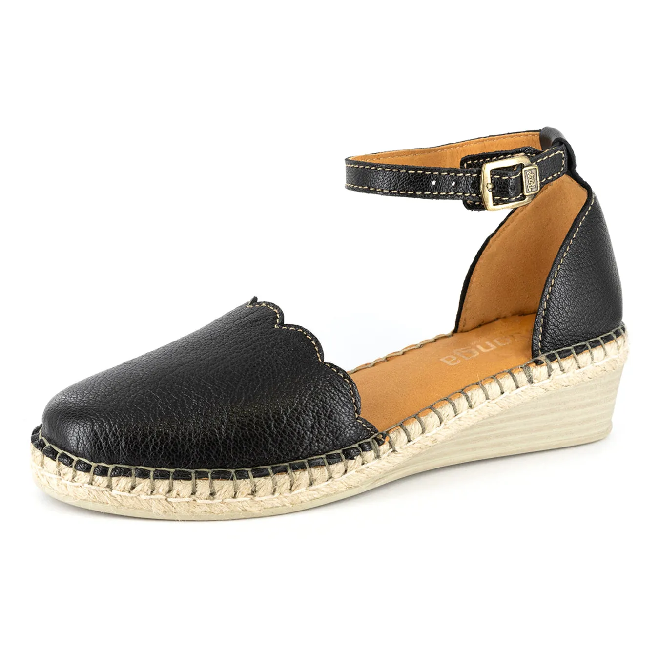 Inkantolo : Ladies Leather Wedge Espadrille in Black Cayak