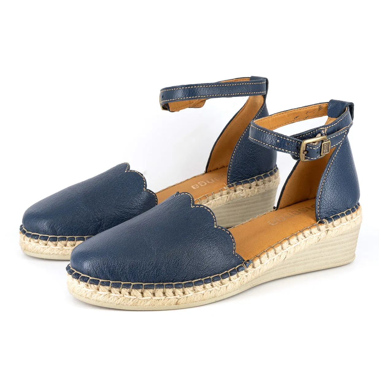 Inkantolo : Ladies Leather Wedge Espadrille in Denim Cayak