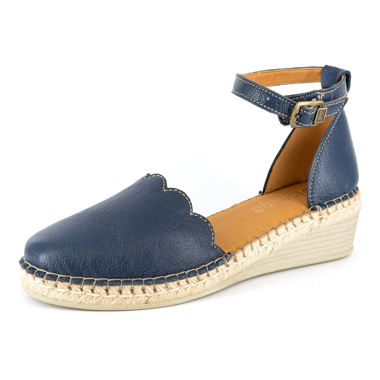 Inkantolo : Ladies Leather Wedge Espadrille in Denim Cayak