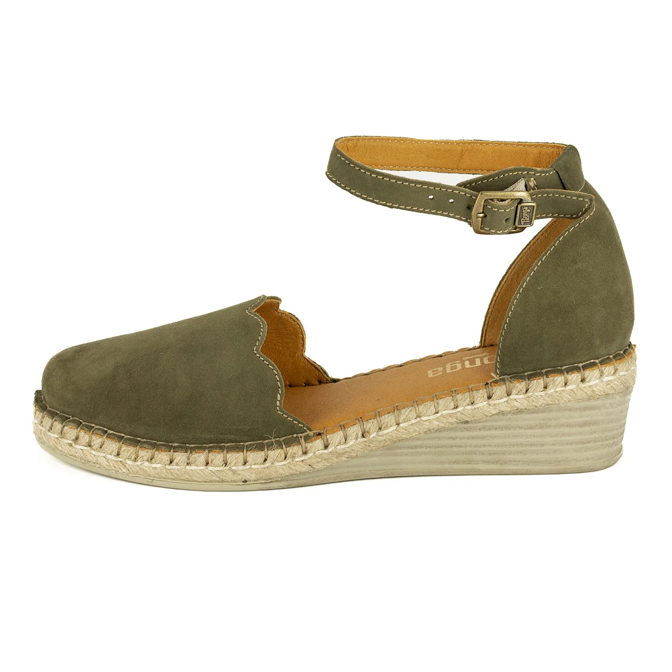 Inkantolo : Ladies Leather Wedge Espadrille in Olive Bilbao Velutto