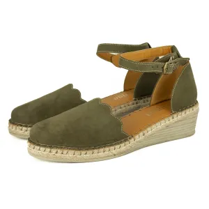 Inkantolo : Ladies Leather Wedge Espadrille in Olive Bilbao Velutto