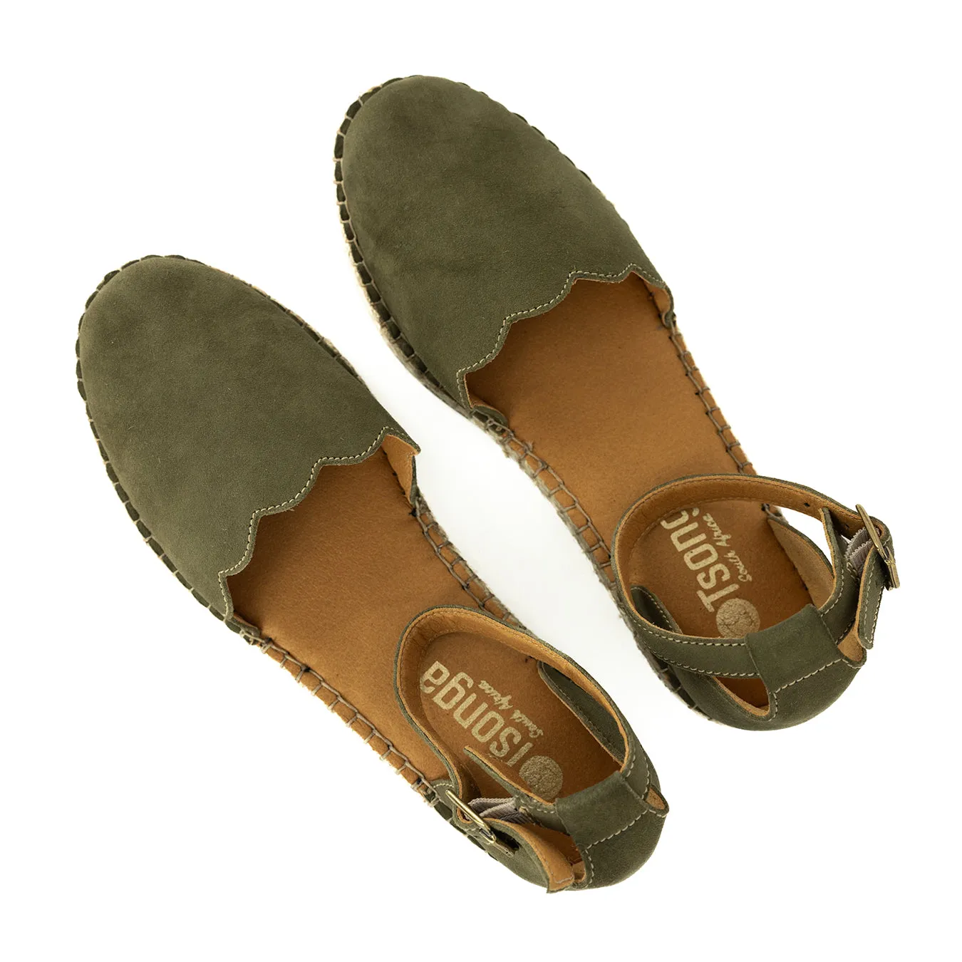 Inkantolo : Ladies Leather Wedge Espadrille in Olive Bilbao Velutto