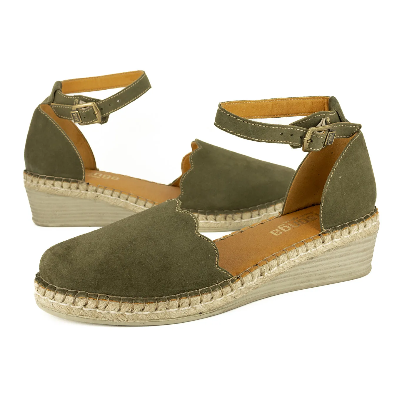 Inkantolo : Ladies Leather Wedge Espadrille in Olive Bilbao Velutto