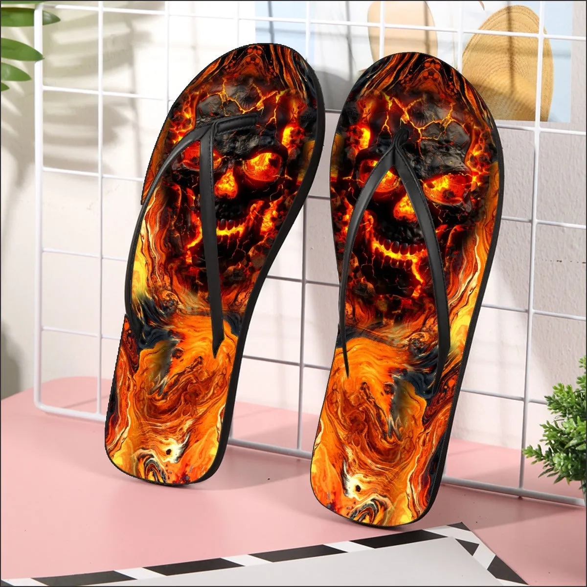 Lava Skull Art Flip Flops for Women Beach