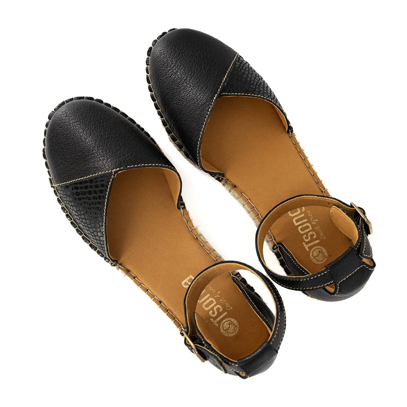 Mirembe : Ladies Leather Wedge Espadrille in Black Cayak & Black Coco Lux