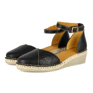 Mirembe : Ladies Leather Wedge Espadrille in Black Cayak & Black Coco Lux