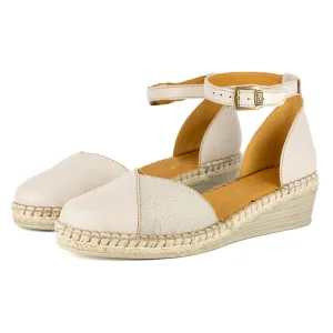 Mirembe : Ladies Leather Wedge Espadrille in Cream Cayak & Stone Brillo