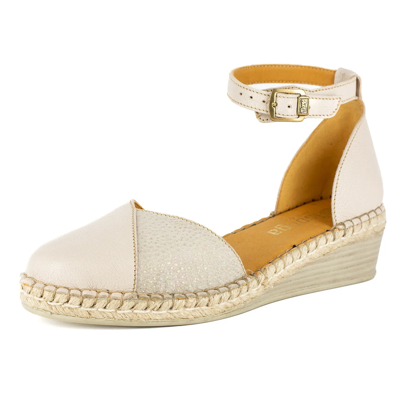 Mirembe : Ladies Leather Wedge Espadrille in Cream Cayak & Stone Brillo