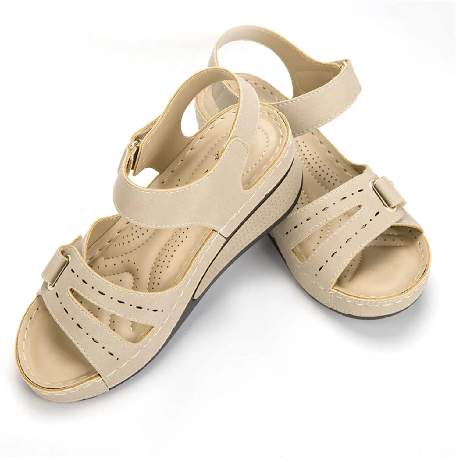 New Women's Comfortable Casual Open Toe Wedge Sandals, comfortable walking sandals Beige, Sz 7