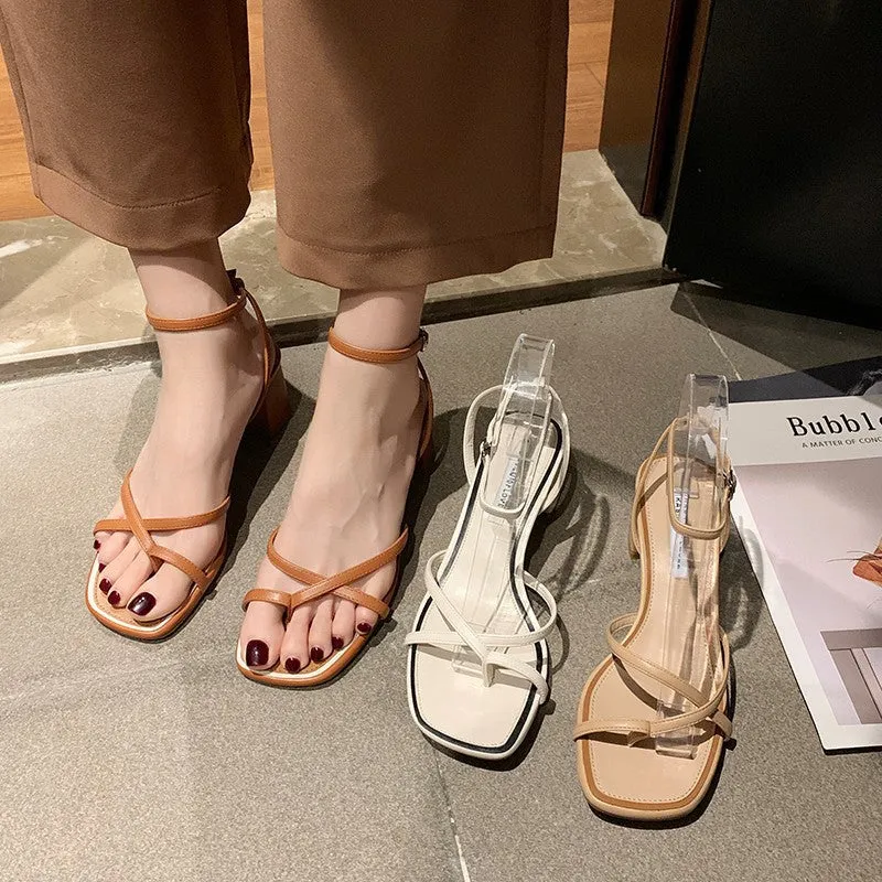 Nude Strappy Block Heels Roman Sandals