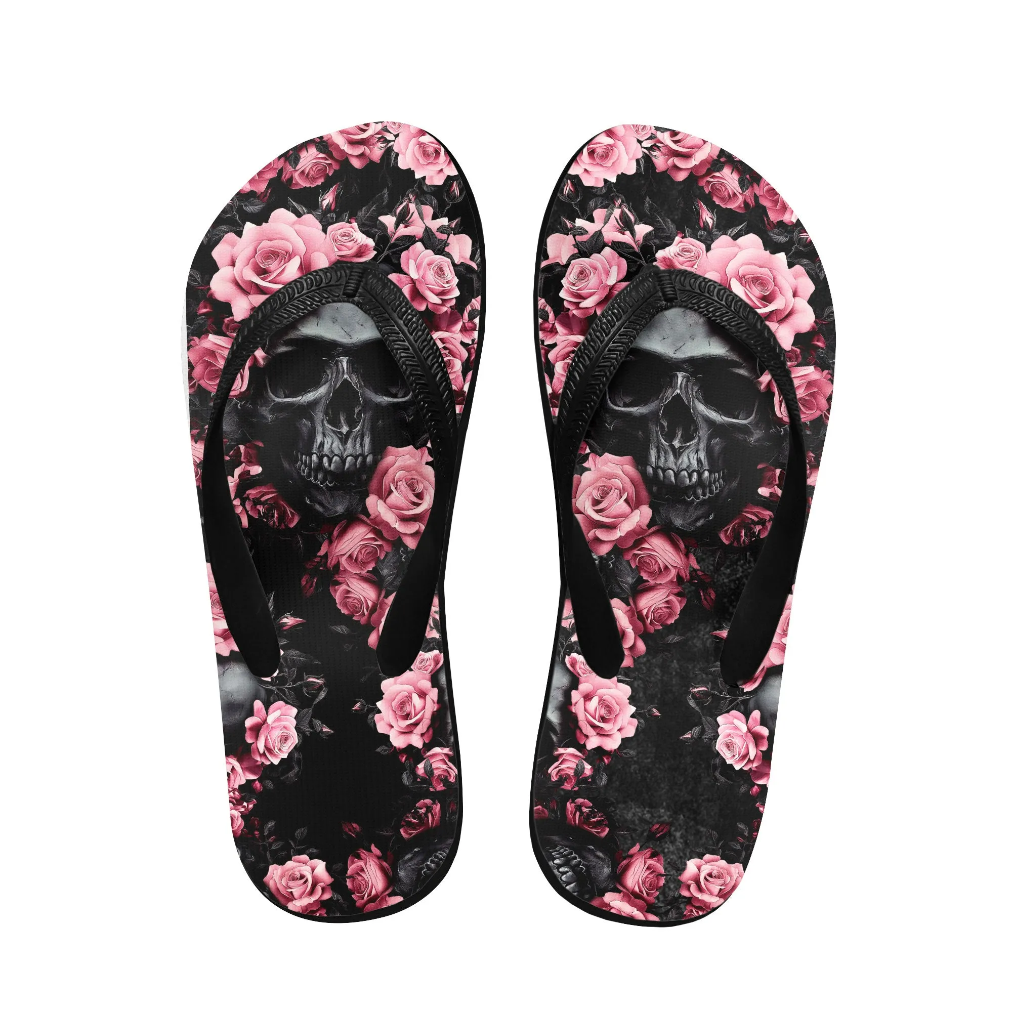 Pink Rose Skull Flip Flops for Women Beach