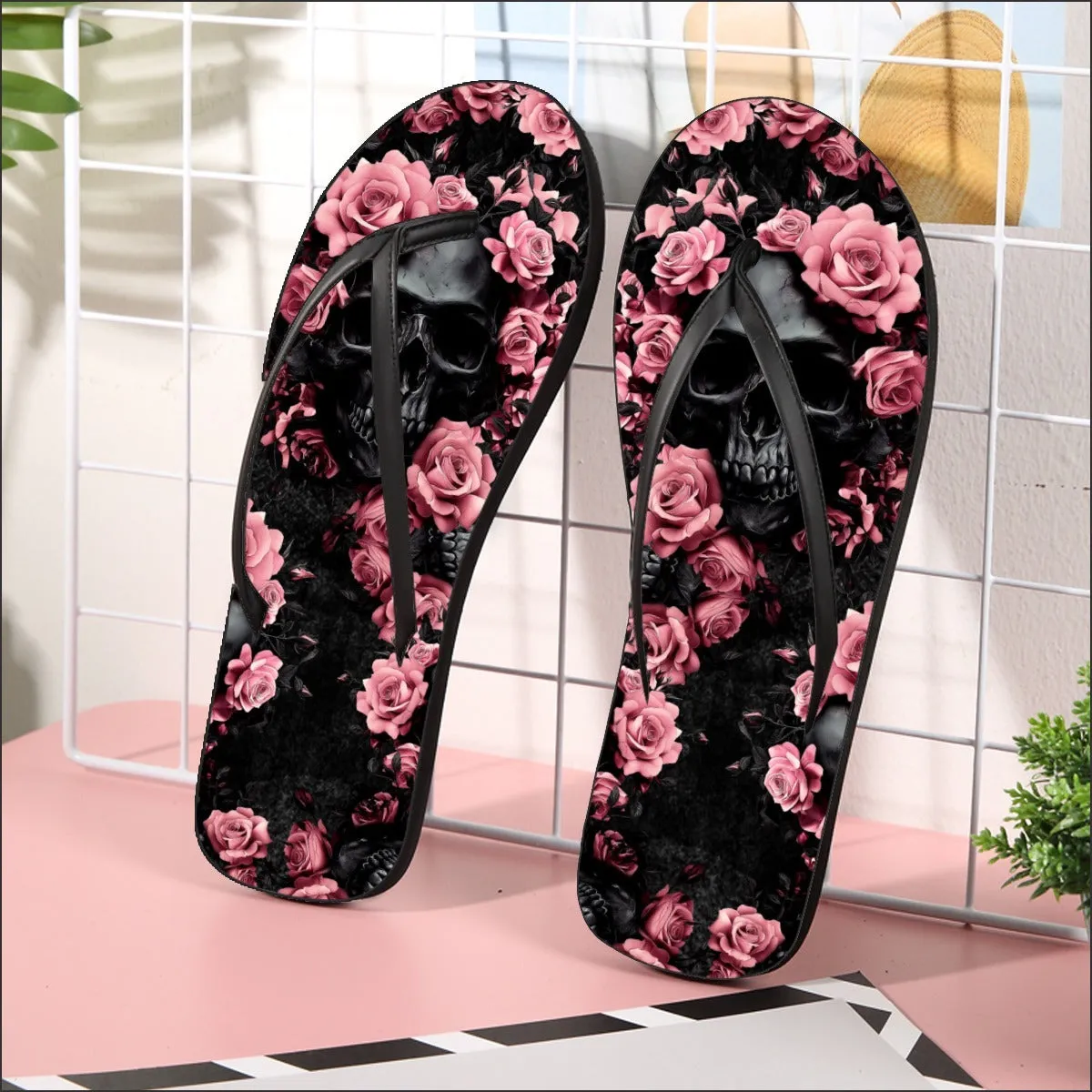 Pink Rose Skull Flip Flops for Women Beach