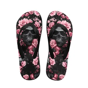 Pink Rose Skull Flip Flops for Women Beach