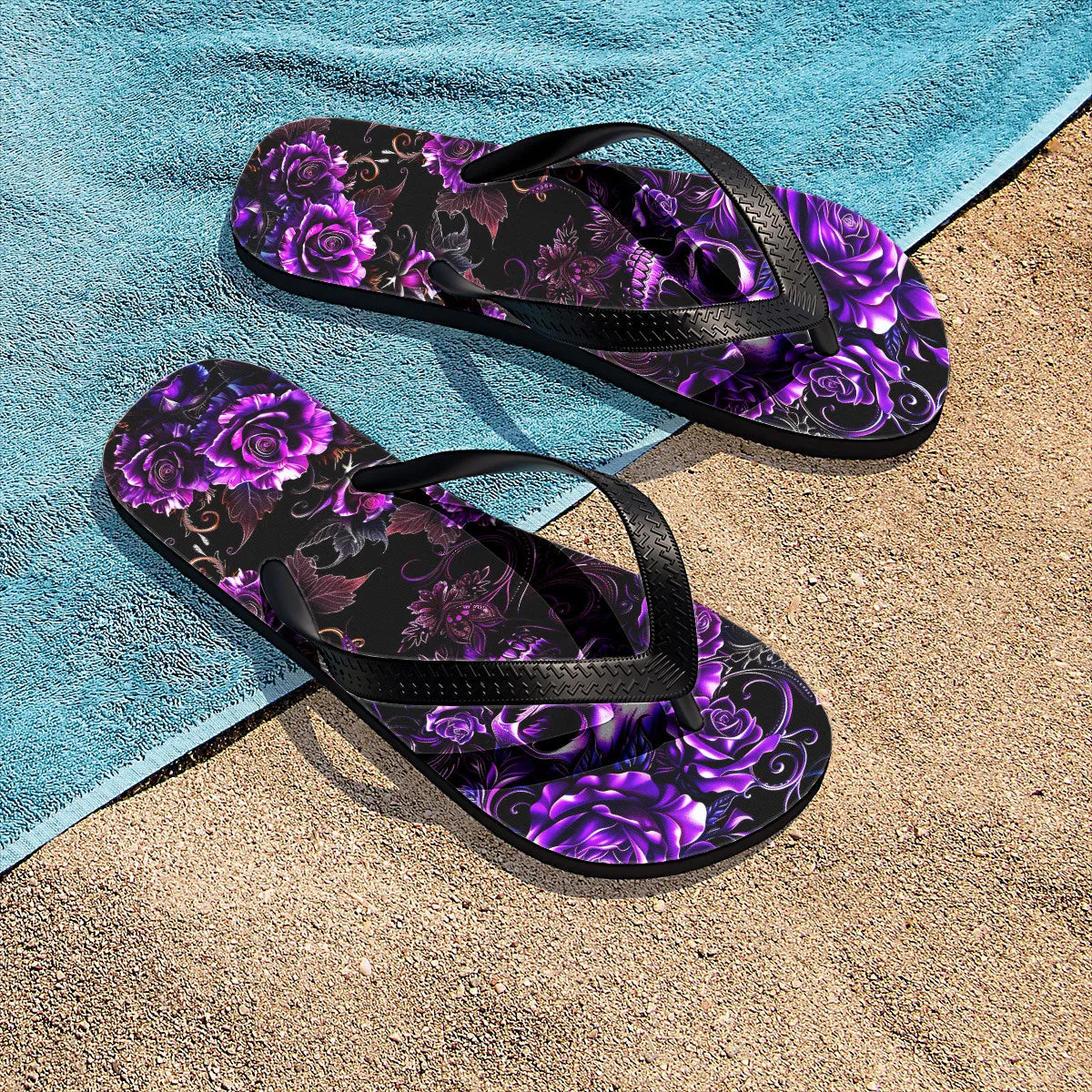 Purple Skull Rose Gothic Flip Flops for Women Beach